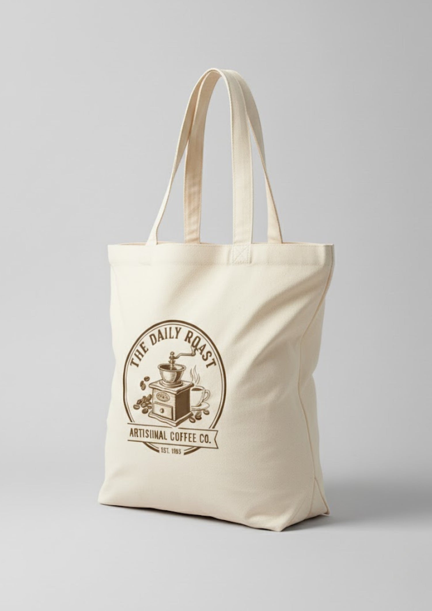 Nachhaltige Tote Bag mit Vintage-Kaffeelogo „The Daily Roast“ von Modern Masterpieces – cremefarbene Stofftasche im Retro-Artwork-Stil